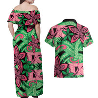 Plumeria Polynesian Pattern Couples Matching Off Shoulder Maxi Dress and Hawaiian Shirt Unique Fantasy Green Pink LT01 - Polynesian Pride