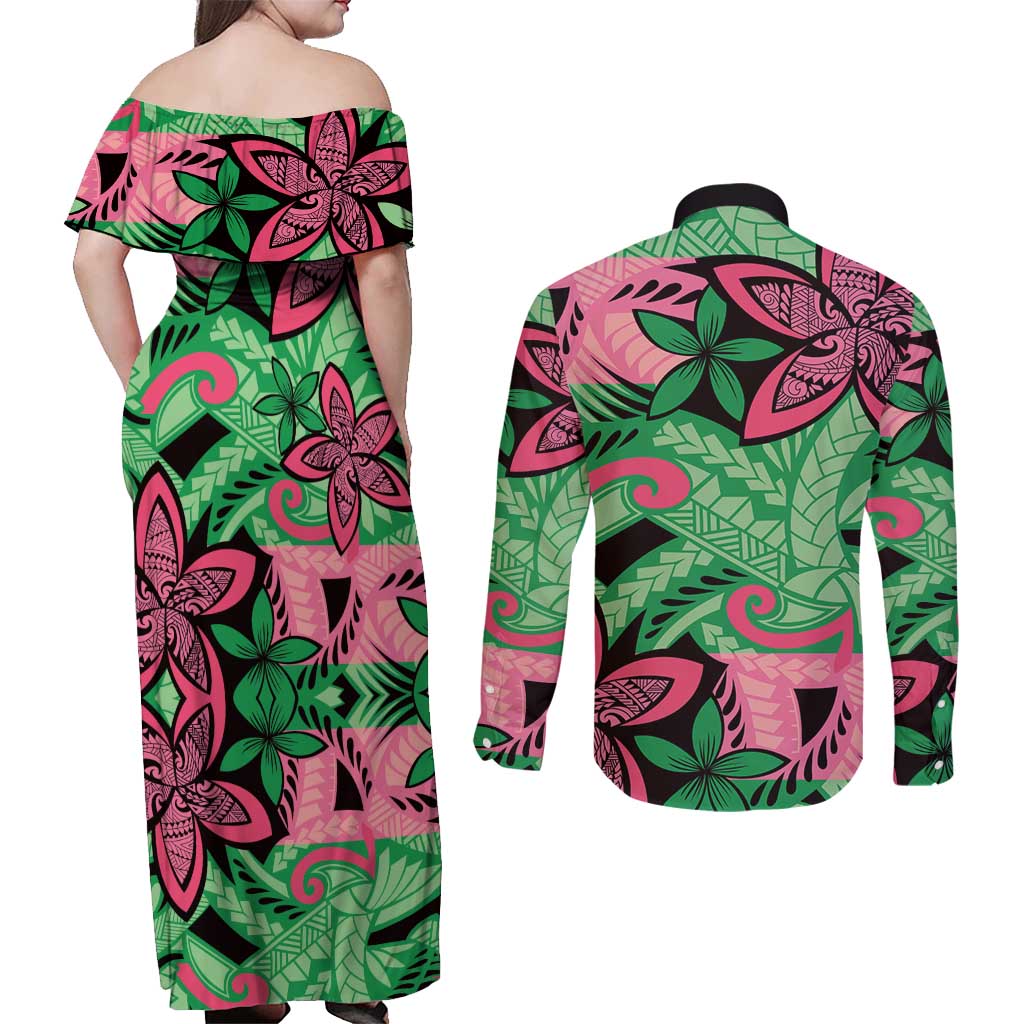 Plumeria Polynesian Pattern Couples Matching Off Shoulder Maxi Dress and Long Sleeve Button Shirt Unique Fantasy Green Pink
