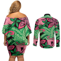 Plumeria Polynesian Pattern Couples Matching Off Shoulder Short Dress and Long Sleeve Button Shirt Unique Fantasy Green Pink