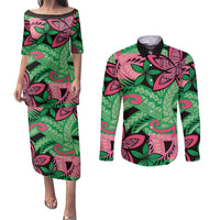 Plumeria Polynesian Pattern Couples Matching Puletasi and Long Sleeve Button Shirt Unique Fantasy Green Pink
