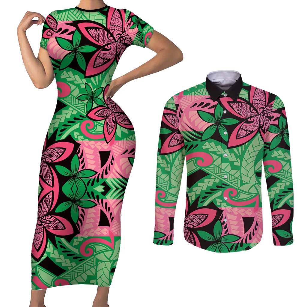 Plumeria Polynesian Pattern Couples Matching Short Sleeve Bodycon Dress and Long Sleeve Button Shirt Unique Fantasy Green Pink LT01 Green - Polynesian Pride