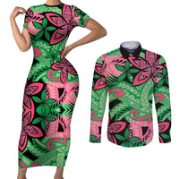 Plumeria Polynesian Pattern Couples Matching Short Sleeve Bodycon Dress and Long Sleeve Button Shirt Unique Fantasy Green Pink LT01 Green - Polynesian Pride