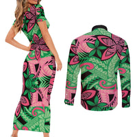 Plumeria Polynesian Pattern Couples Matching Short Sleeve Bodycon Dress and Long Sleeve Button Shirt Unique Fantasy Green Pink LT01 - Polynesian Pride