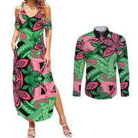 Plumeria Polynesian Pattern Couples Matching Summer Maxi Dress and Long Sleeve Button Shirt Unique Fantasy Green Pink