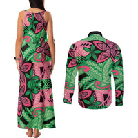 Plumeria Polynesian Pattern Couples Matching Tank Maxi Dress and Long Sleeve Button Shirt Unique Fantasy Green Pink