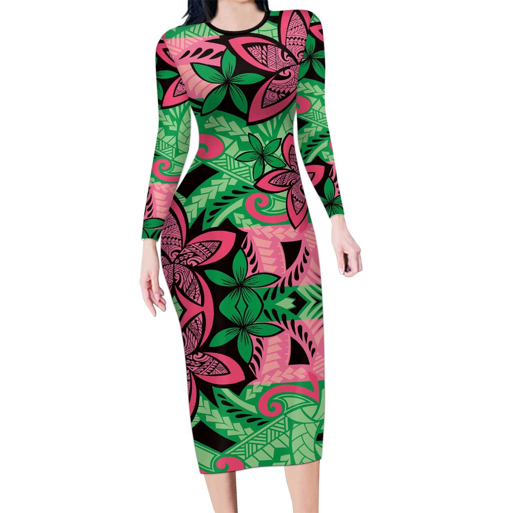 Plumeria Polynesian Pattern Family Matching Long Sleeve Bodycon Dress and Hawaiian Shirt Unique Fantasy Green Pink LT01 Mom's Dress Green - Polynesian Pride