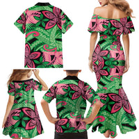 Plumeria Polynesian Pattern Family Matching Mermaid Dress and Hawaiian Shirt Unique Fantasy Green Pink LT01 - Polynesian Pride