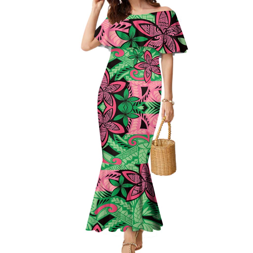 Plumeria Polynesian Pattern Family Matching Mermaid Dress and Hawaiian Shirt Unique Fantasy Green Pink LT01 Mom's Dress Green - Polynesian Pride