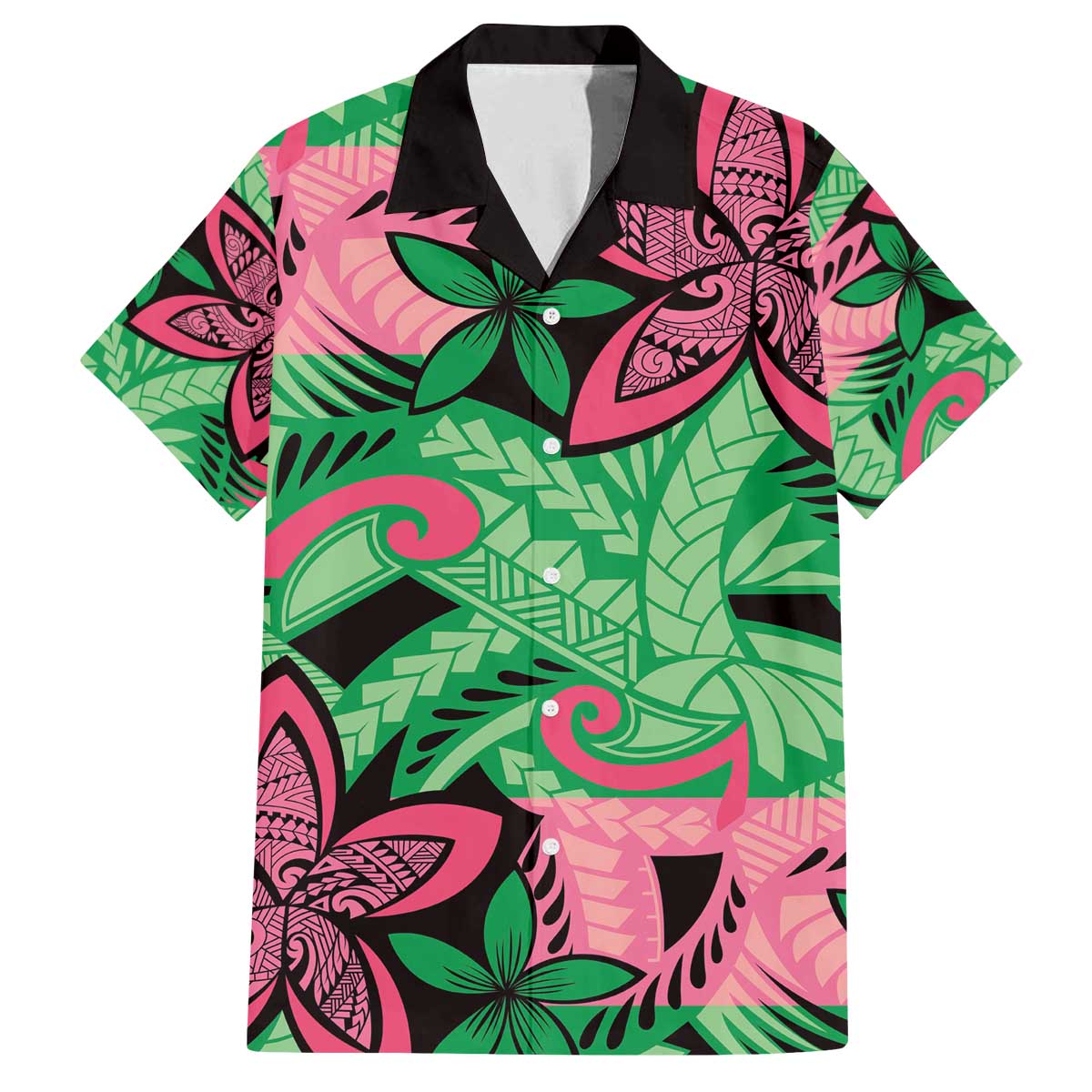Plumeria Polynesian Pattern Family Matching Off The Shoulder Long Sleeve Dress and Hawaiian Shirt Unique Fantasy Green Pink LT01 Dad's Shirt - Short Sleeve Green - Polynesian Pride