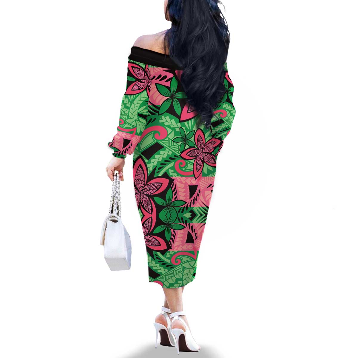 Plumeria Polynesian Pattern Family Matching Off The Shoulder Long Sleeve Dress and Hawaiian Shirt Unique Fantasy Green Pink LT01 - Polynesian Pride
