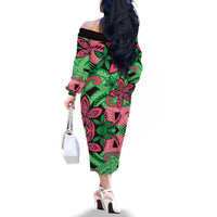 Plumeria Polynesian Pattern Family Matching Off The Shoulder Long Sleeve Dress and Hawaiian Shirt Unique Fantasy Green Pink LT01 - Polynesian Pride