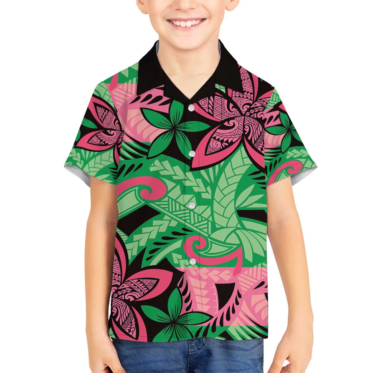 Plumeria Polynesian Pattern Family Matching Off The Shoulder Long Sleeve Dress and Hawaiian Shirt Unique Fantasy Green Pink LT01 Son's Shirt Green - Polynesian Pride