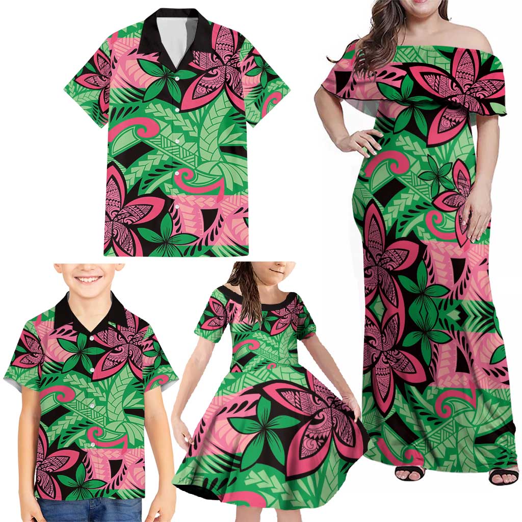 Plumeria Polynesian Pattern Family Matching Off Shoulder Maxi Dress and Hawaiian Shirt Unique Fantasy Green Pink