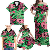 Plumeria Polynesian Pattern Family Matching Off Shoulder Maxi Dress and Hawaiian Shirt Unique Fantasy Green Pink