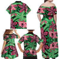 Plumeria Polynesian Pattern Family Matching Off Shoulder Maxi Dress and Hawaiian Shirt Unique Fantasy Green Pink
