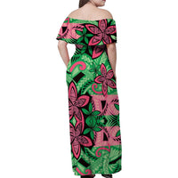 Plumeria Polynesian Pattern Family Matching Off Shoulder Maxi Dress and Hawaiian Shirt Unique Fantasy Green Pink