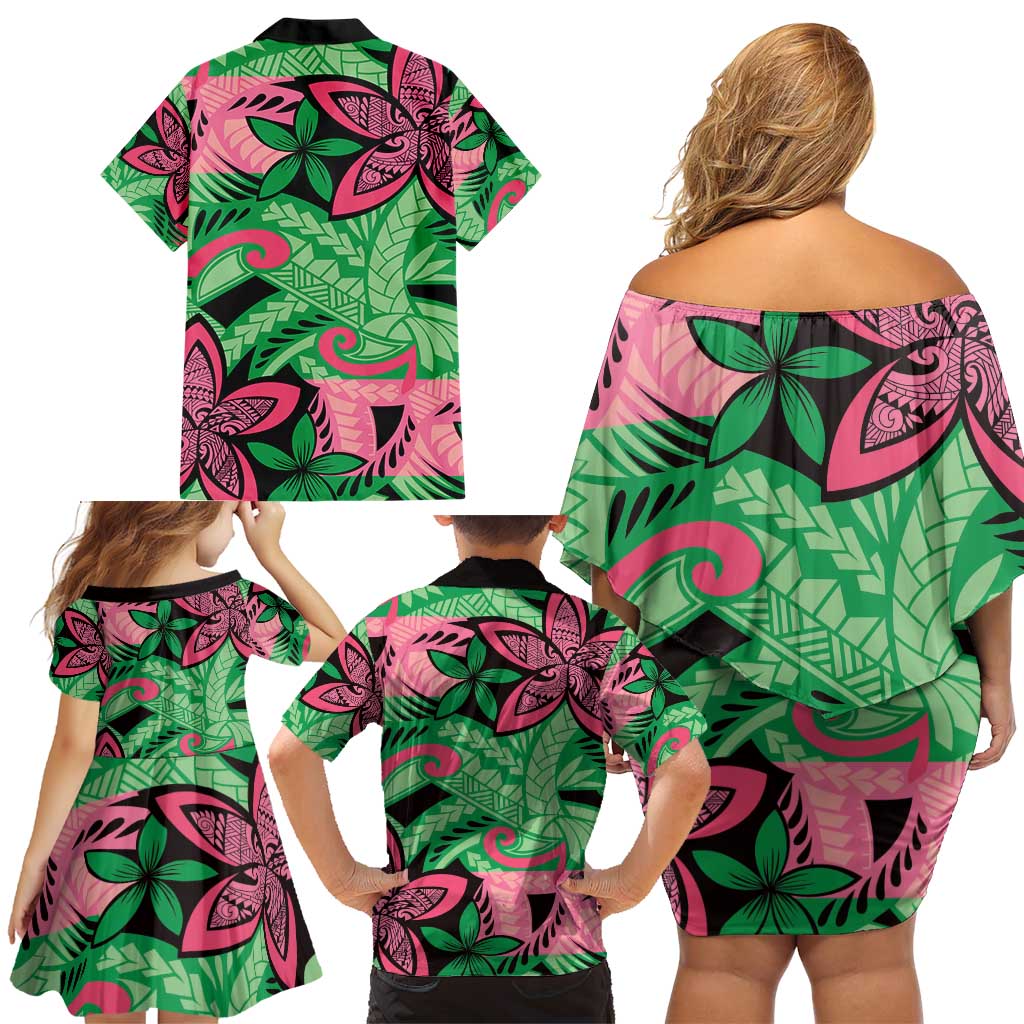 Plumeria Polynesian Pattern Family Matching Off Shoulder Short Dress and Hawaiian Shirt Unique Fantasy Green Pink