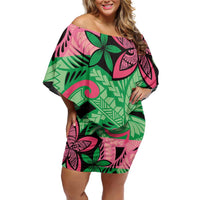 Plumeria Polynesian Pattern Family Matching Off Shoulder Short Dress and Hawaiian Shirt Unique Fantasy Green Pink