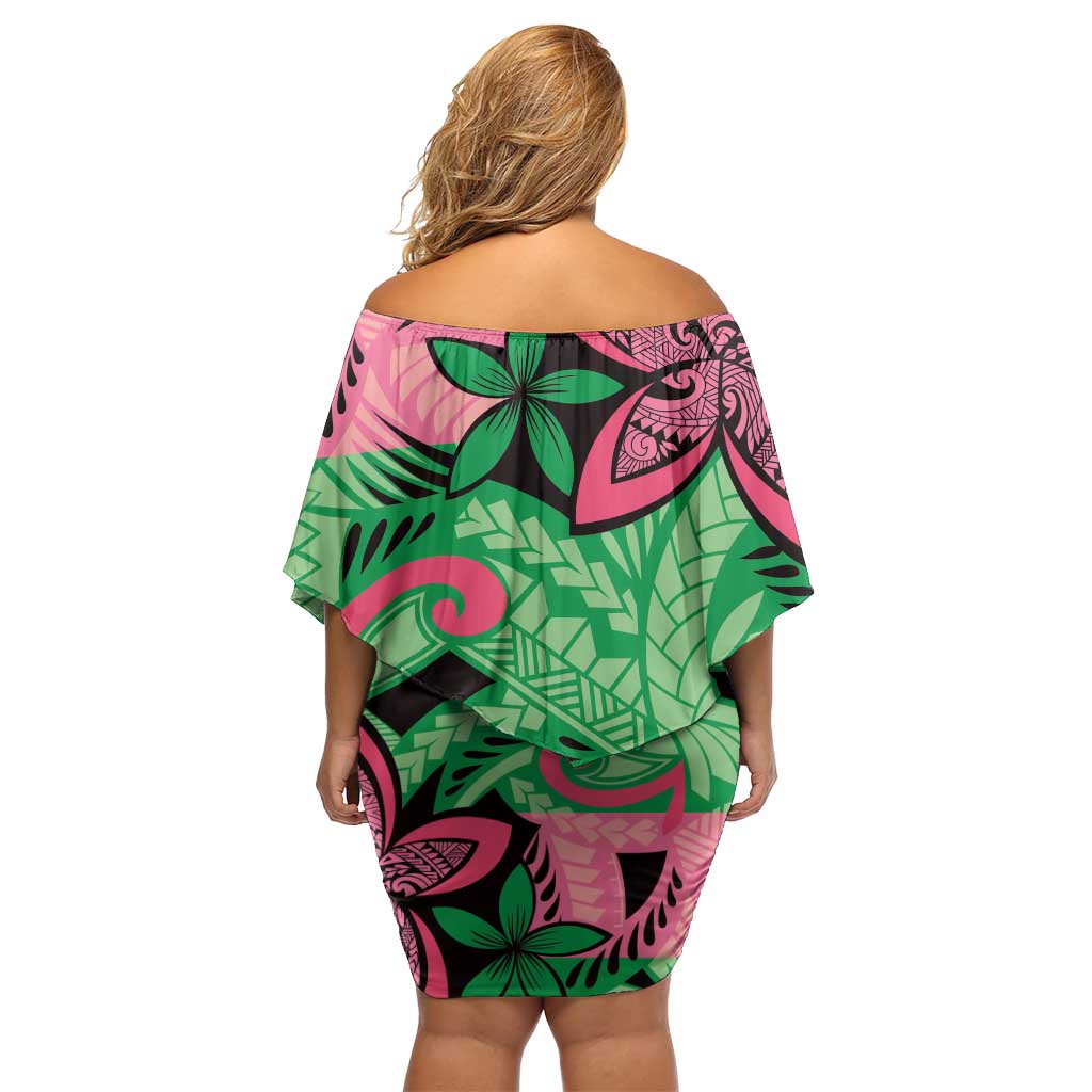 Plumeria Polynesian Pattern Family Matching Off Shoulder Short Dress and Hawaiian Shirt Unique Fantasy Green Pink