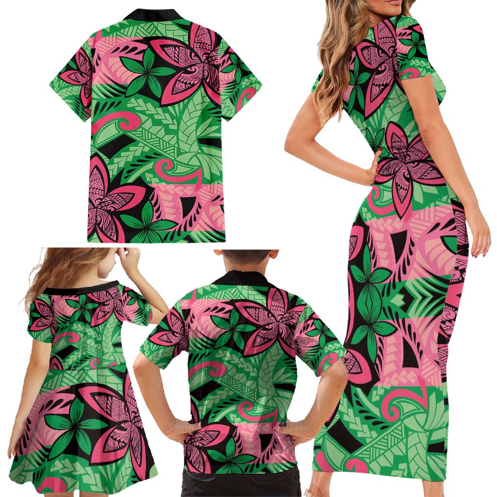 Plumeria Polynesian Pattern Family Matching Short Sleeve Bodycon Dress and Hawaiian Shirt Unique Fantasy Green Pink LT01 - Polynesian Pride
