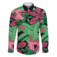 Plumeria Polynesian Pattern Family Matching Short Sleeve Bodycon Dress and Hawaiian Shirt Unique Fantasy Green Pink LT01 Dad's Shirt - Long Sleeve Green - Polynesian Pride