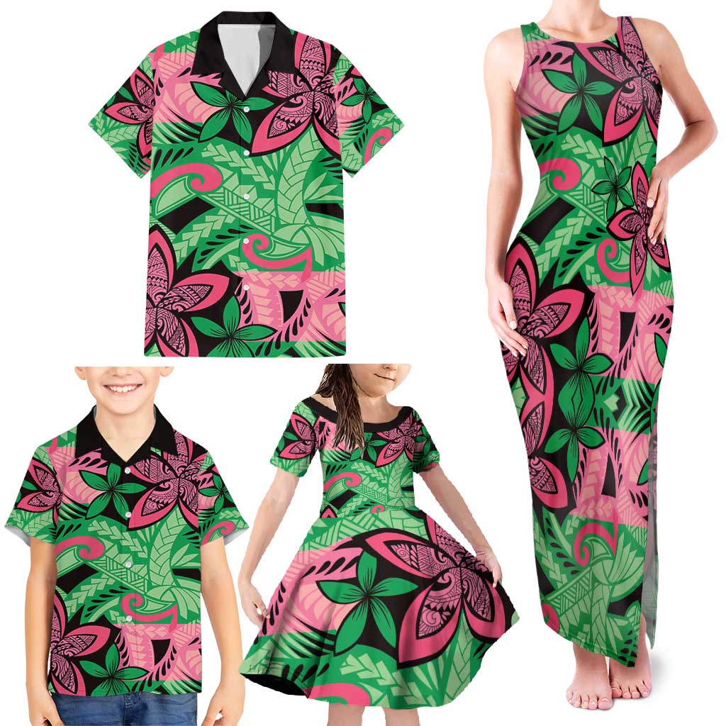 Plumeria Polynesian Pattern Family Matching Tank Maxi Dress and Hawaiian Shirt Unique Fantasy Green Pink