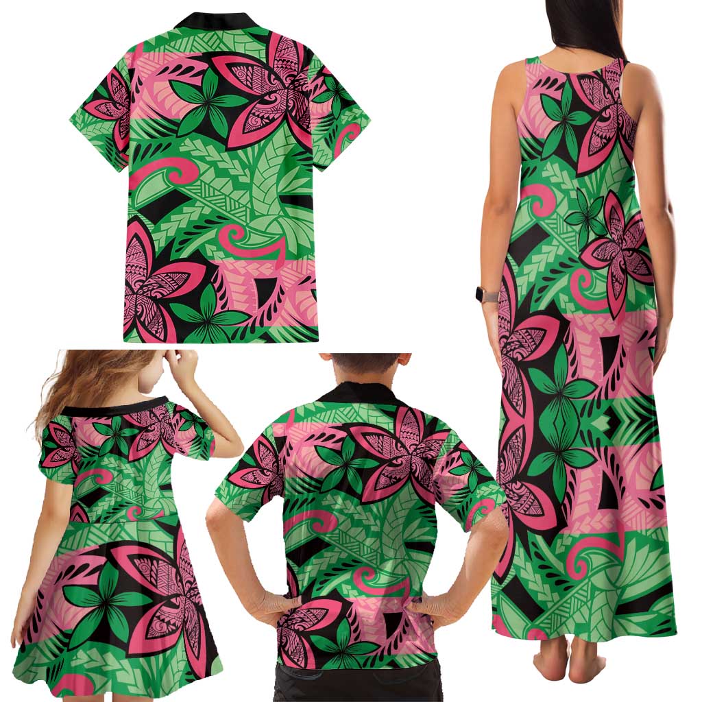 Plumeria Polynesian Pattern Family Matching Tank Maxi Dress and Hawaiian Shirt Unique Fantasy Green Pink