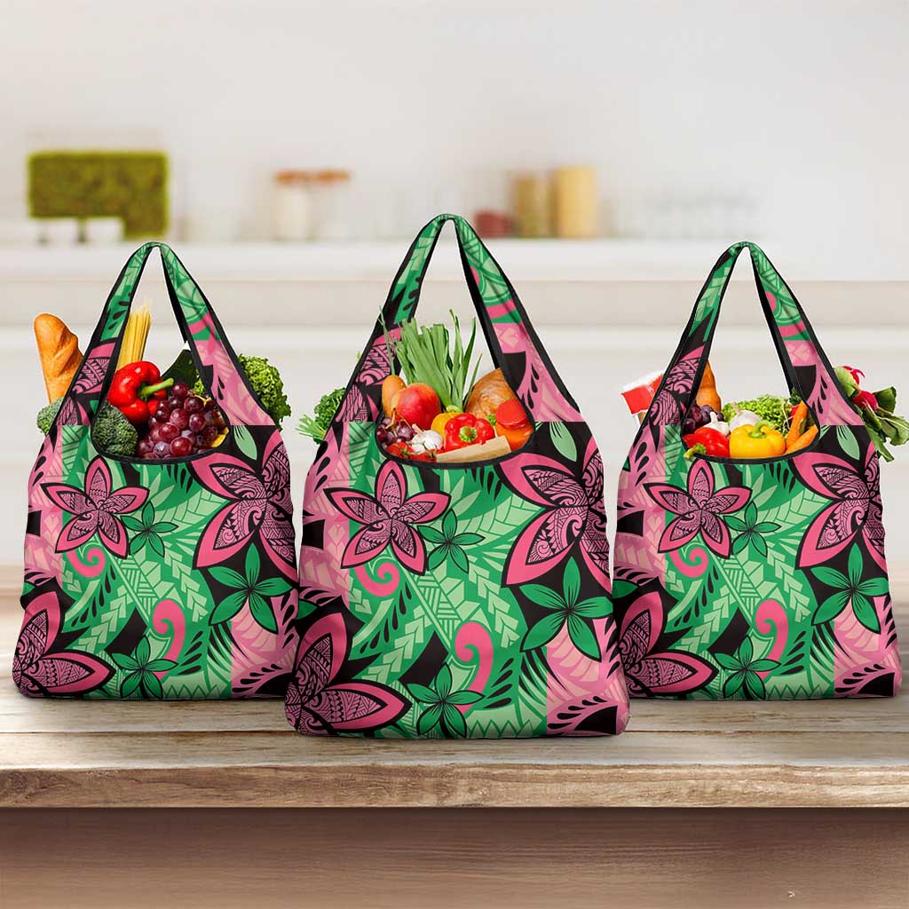 Plumeria Polynesian Pattern Grocery Bag Unique Fantasy Green Pink LT01 3-pack One Size Green - Polynesian Pride