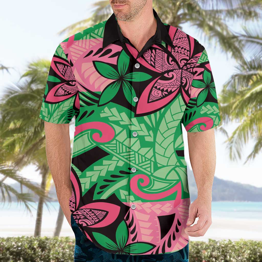 Plumeria Polynesian Pattern Hawaiian Shirt Unique Fantasy Green Pink