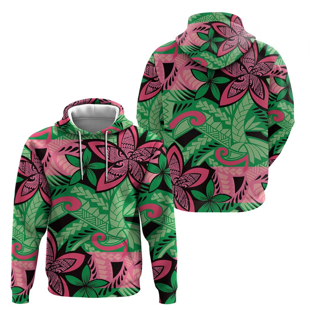 Plumeria Polynesian Pattern Hoodie Unique Fantasy Green Pink