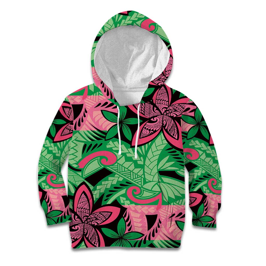 Plumeria Polynesian Pattern Kid Hoodie Unique Fantasy Green Pink