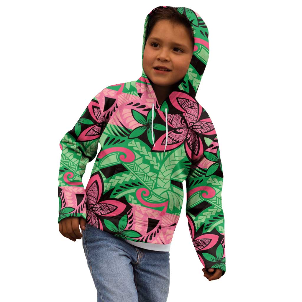 Plumeria Polynesian Pattern Kid Hoodie Unique Fantasy Green Pink