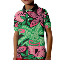 Plumeria Polynesian Pattern Kid Polo Shirt Unique Fantasy Green Pink