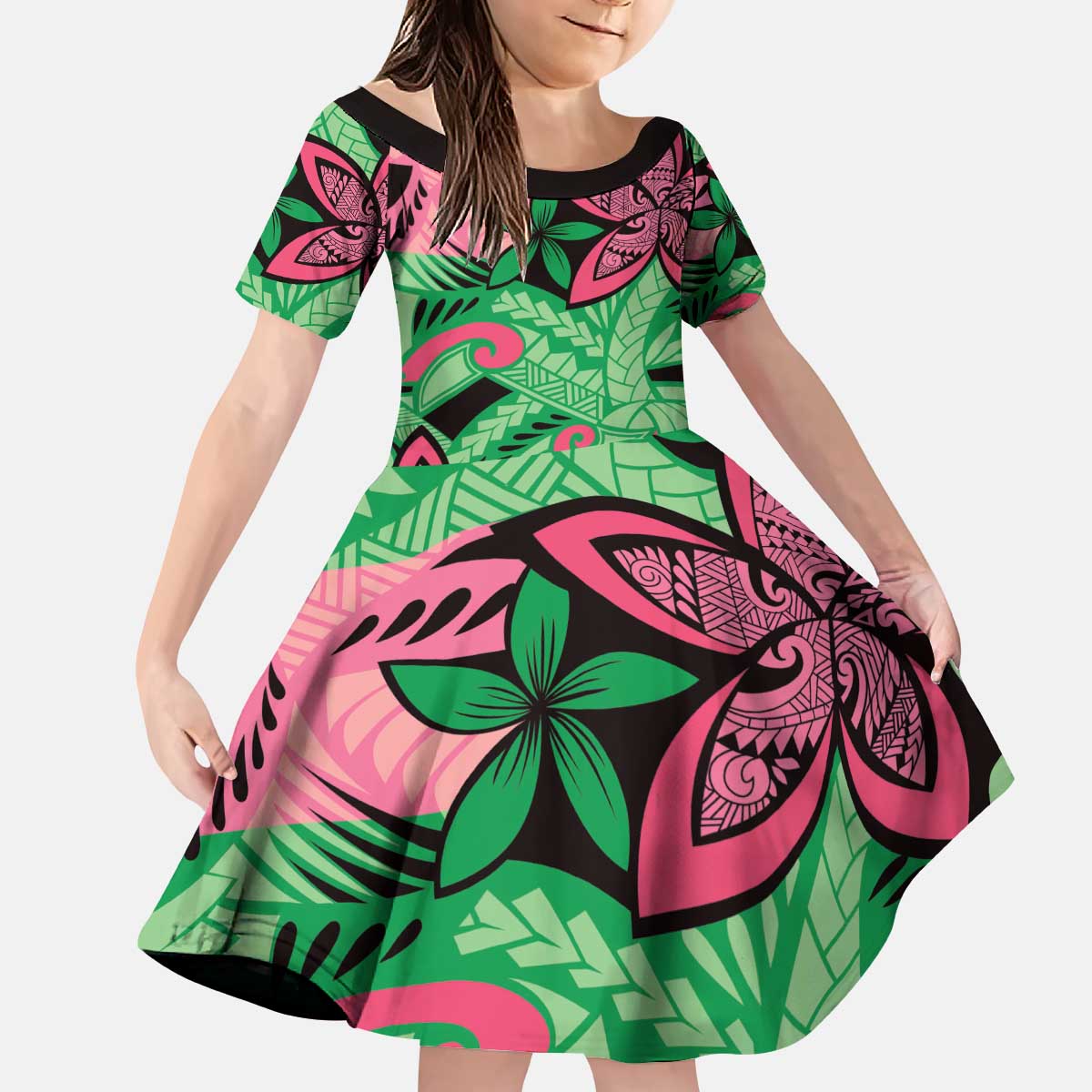 Plumeria Polynesian Pattern Kid Short Sleeve Dress Unique Fantasy Green Pink