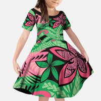 Plumeria Polynesian Pattern Kid Short Sleeve Dress Unique Fantasy Green Pink