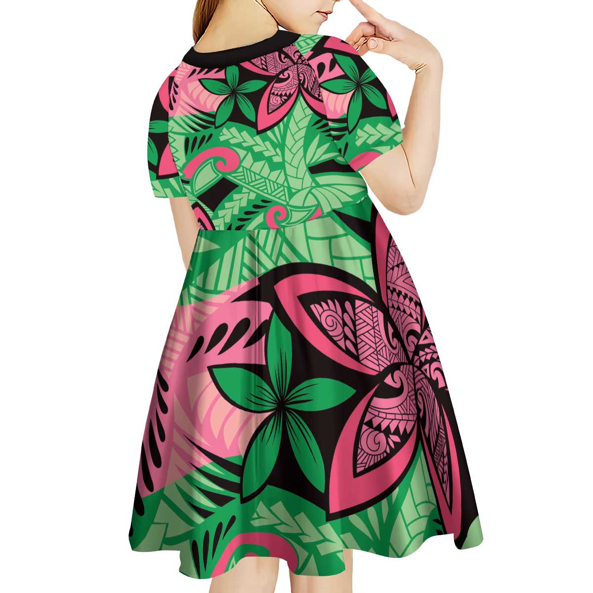 Plumeria Polynesian Pattern Kid Short Sleeve Dress Unique Fantasy Green Pink