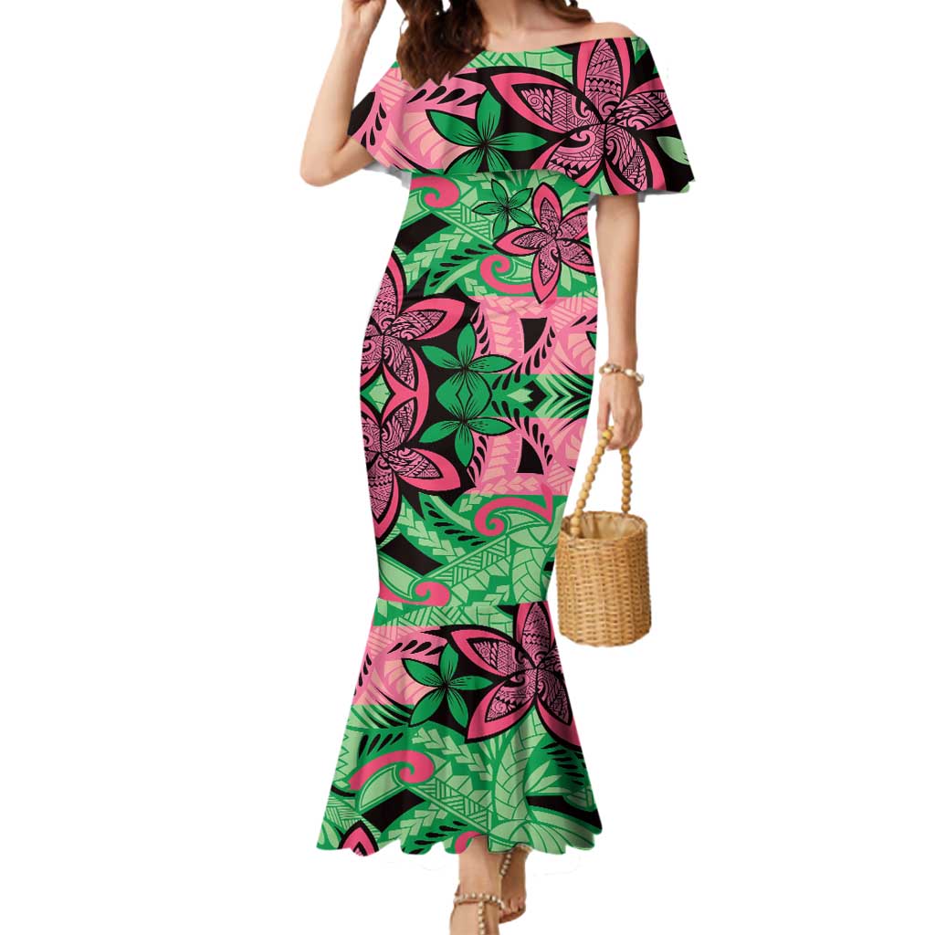 Plumeria Polynesian Pattern Mermaid Dress Unique Fantasy Green Pink LT01 Women Green - Polynesian Pride