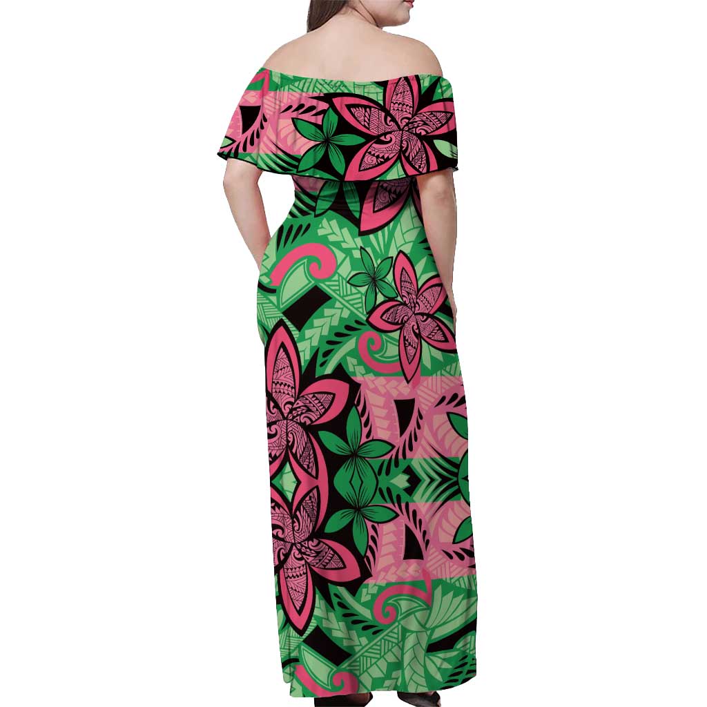 Plumeria Polynesian Pattern Off Shoulder Maxi Dress Unique Fantasy Green Pink