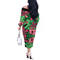 Plumeria Polynesian Pattern Off The Shoulder Long Sleeve Dress Unique Fantasy Green Pink