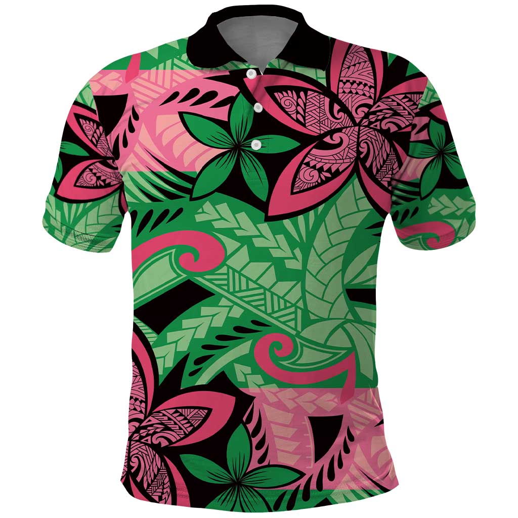 Plumeria Polynesian Pattern Polo Shirt Unique Fantasy Green Pink