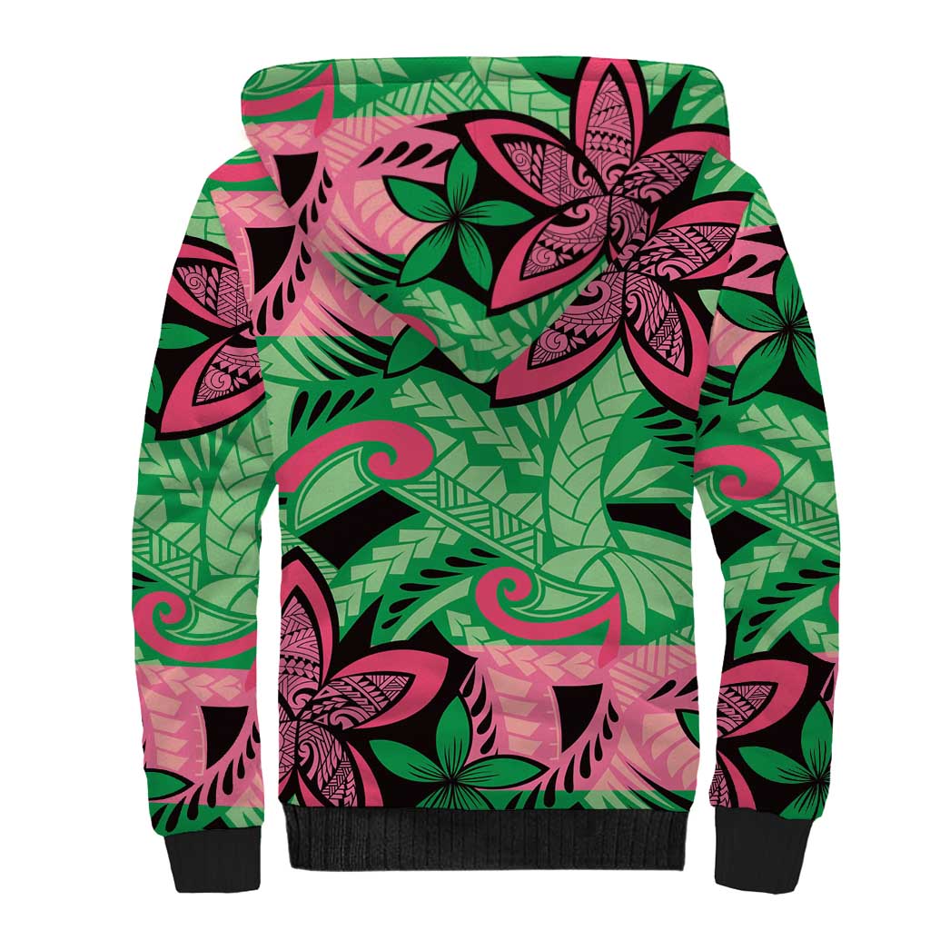Plumeria Polynesian Pattern Sherpa Hoodie Unique Fantasy Green Pink