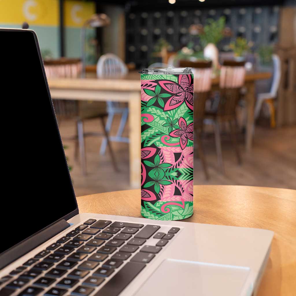 Plumeria Polynesian Pattern Skinny Tumbler Unique Fantasy Green Pink