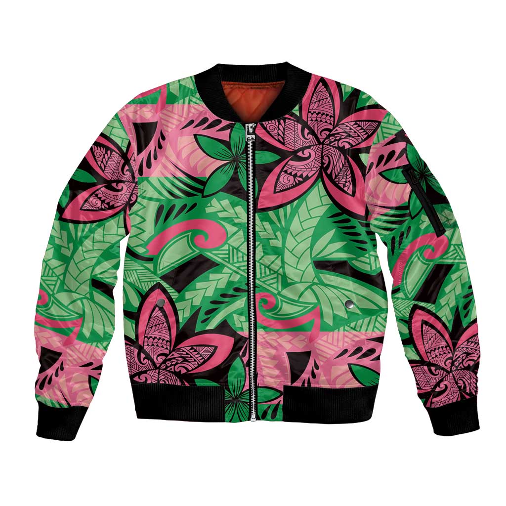 Plumeria Polynesian Pattern Sleeve Zip Bomber Jacket Unique Fantasy Green Pink LT01 Unisex Green - Polynesian Pride