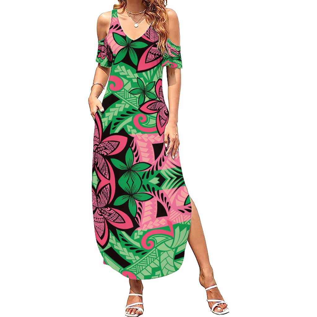 Plumeria Polynesian Pattern Summer Maxi Dress Unique Fantasy Green Pink
