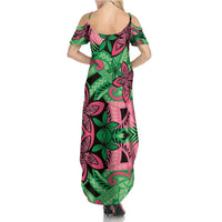 Plumeria Polynesian Pattern Summer Maxi Dress Unique Fantasy Green Pink