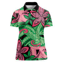 Plumeria Polynesian Pattern Women Polo Shirt Unique Fantasy Green Pink