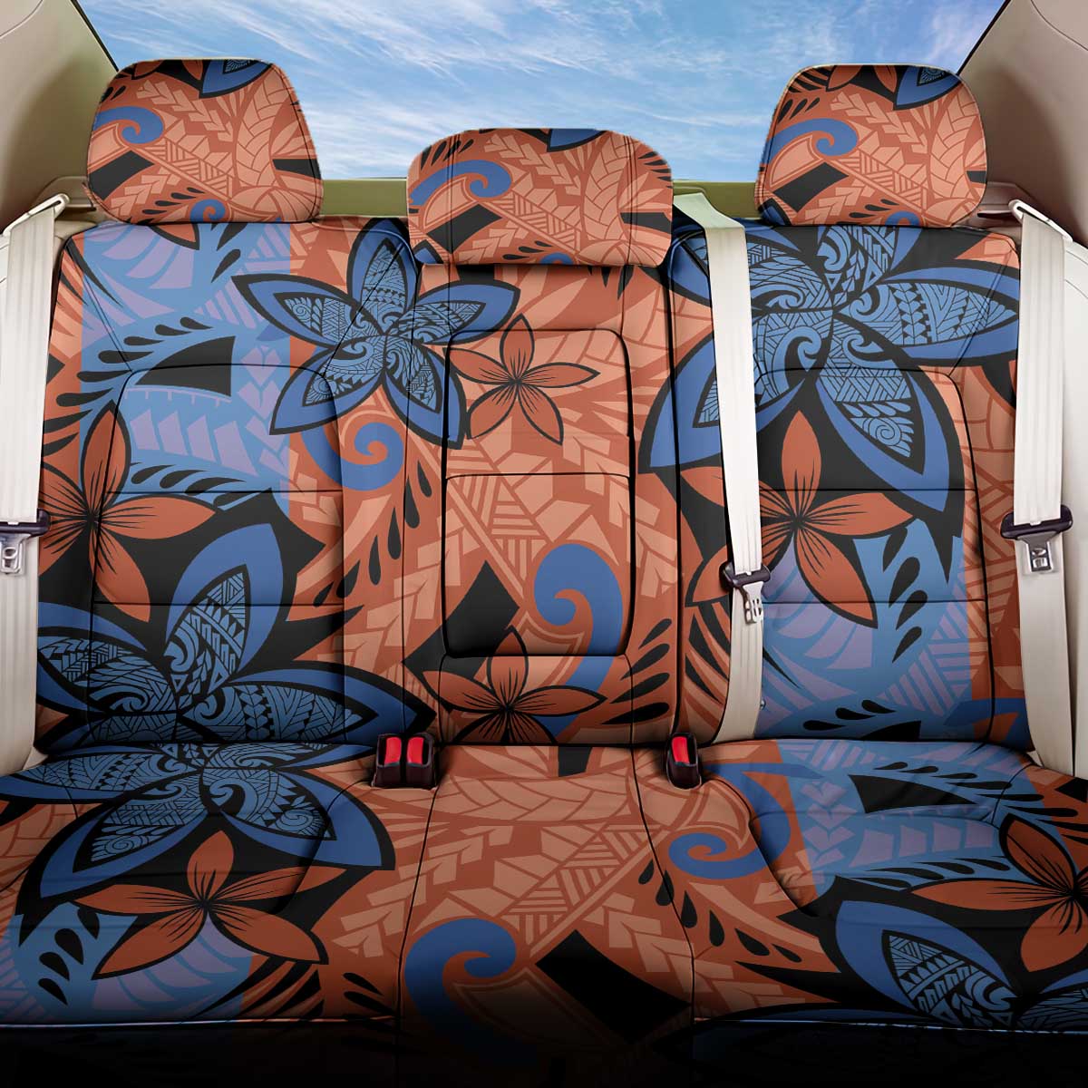 Plumeria Polynesian Pattern Back Car Seat Cover Unique Fantasy Orange Blue