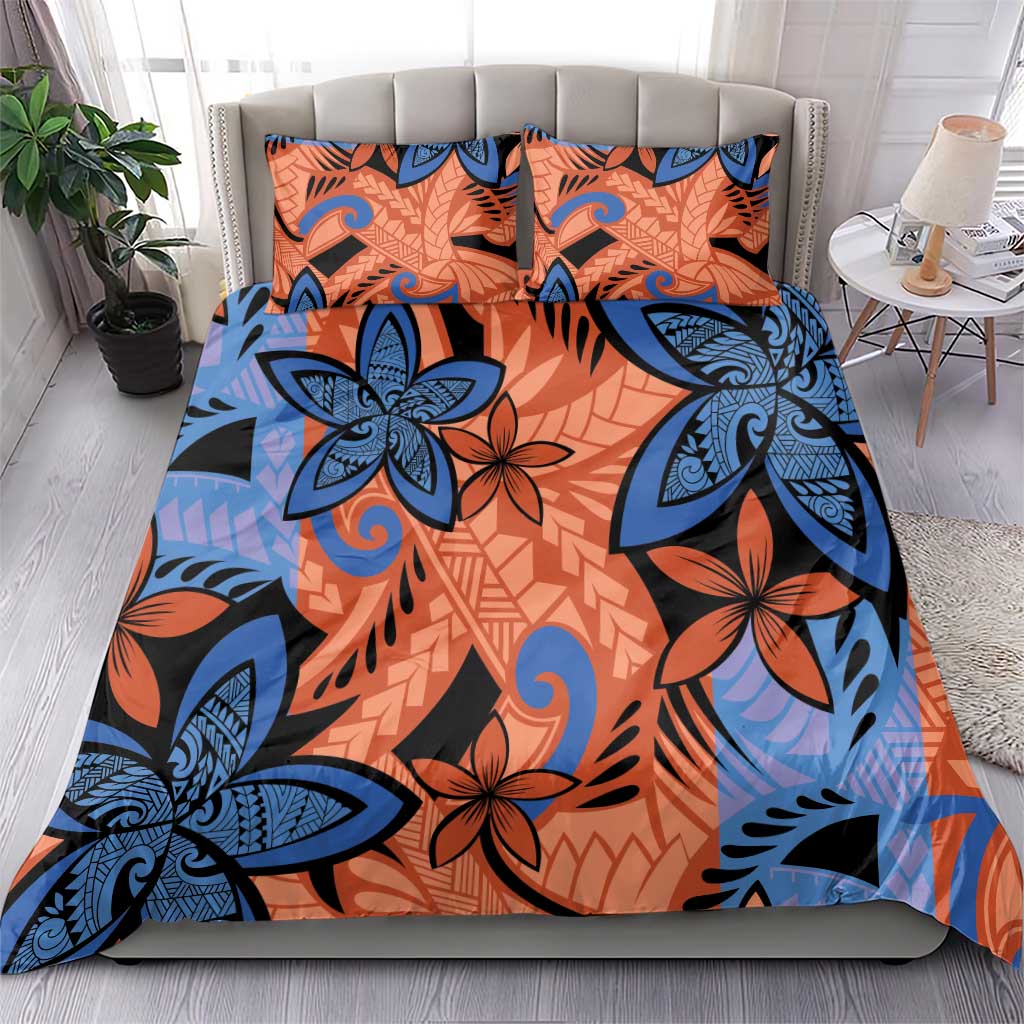 Plumeria Polynesian Pattern Bedding Set Unique Fantasy Orange Blue