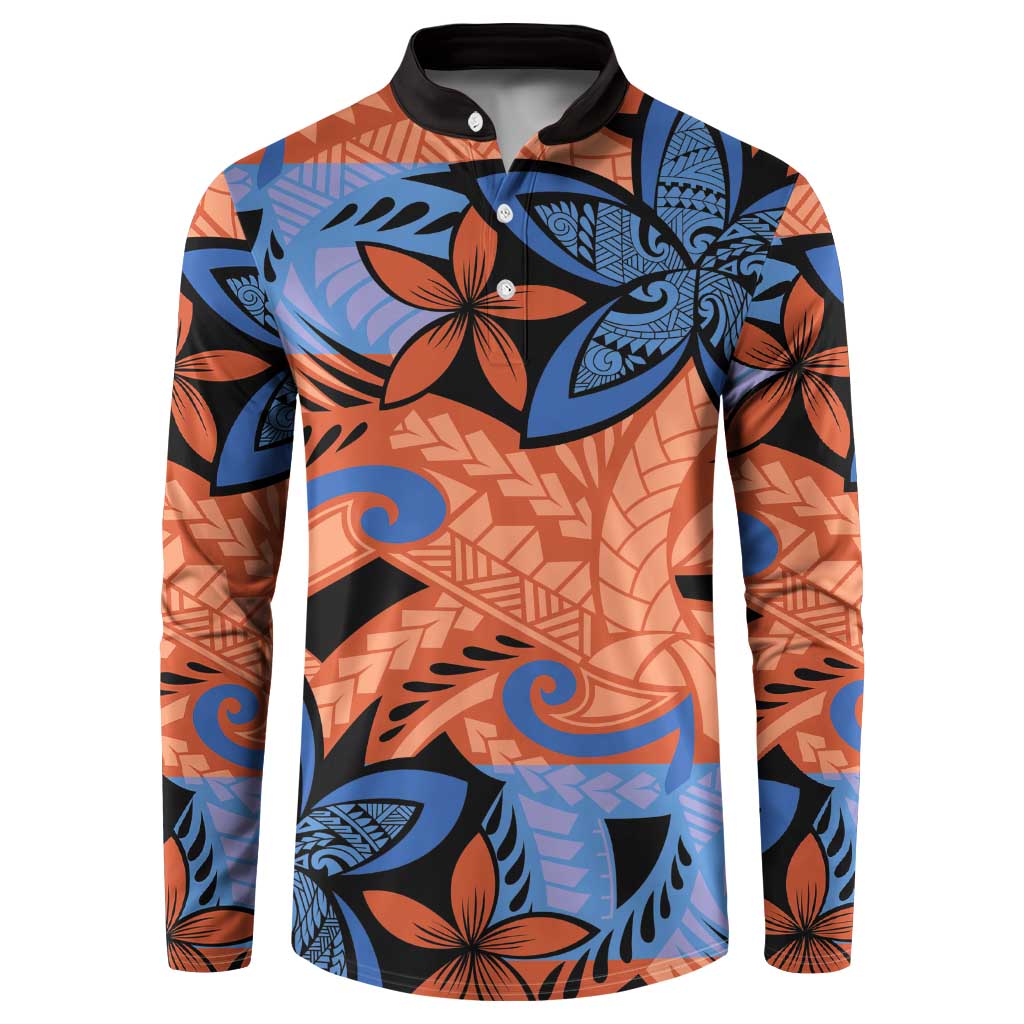 Plumeria Polynesian Pattern Button Sweatshirt Unique Fantasy Orange Blue
