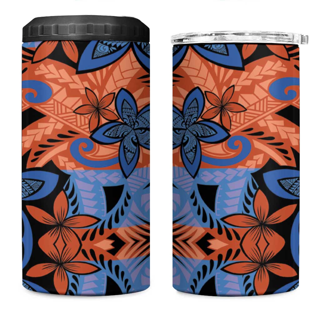 Plumeria Polynesian Pattern 4 in 1 Can Cooler Tumbler Unique Fantasy Orange Blue